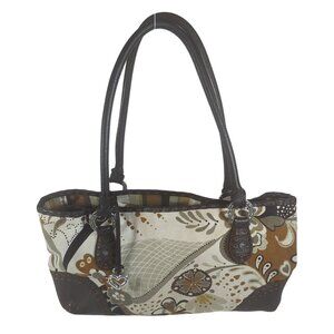 Brighton Brown Tone Floral Canvas Handbag Leather Trim Heart Charm